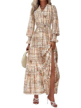 PrettyGarden Women's Floral  Khaki Sleeve V Neck A Line Flowy Maxi Long Dress